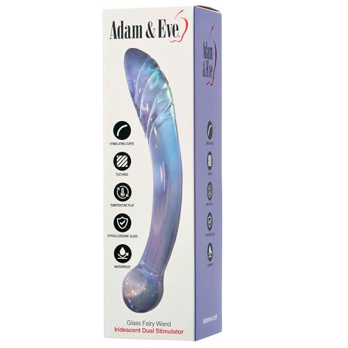 Image of Adam & Eve Glass Fairy Wand, Iridescent Dual Ended Glass Dildo for Vaginal & Anal Play, Ribbed & Bulbous Tips for Ultimate Stimulation, Body Safe & Hypoallergenic, Velvet Storage Pouch Included