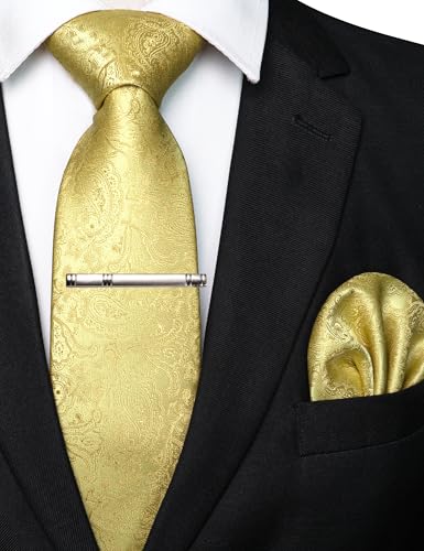 Image of RBOCOTT Silk Stripe Plaid Tie and Pocket Square with Tie Clip Sets for Men