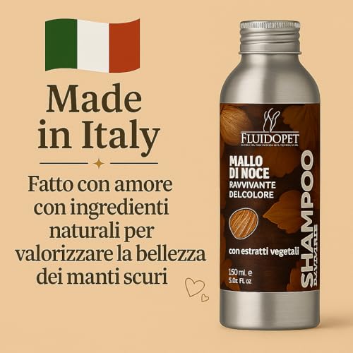 Shampoo Naturale al Mallo di Noce per Cani con Manto Scuro – FluidoPet – Riflessi Mogano & Nutrizione Profonda. Ideale per cane Barbone, barboncino, Schnauzer, Cocker Nero,