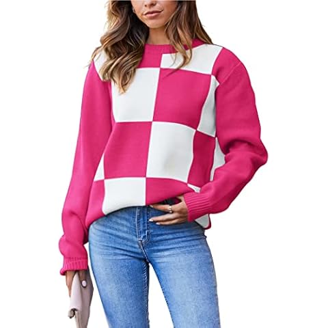 CCTOO Women's Color Block Sweaters Casual Long Sleeve Plaid Print Crew Neck Knitted Pullover Jumpers Tops 137 Rose Red Medium Cover