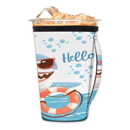 Shark Ocean Glasses Reusable Neoprene Coffee Sleeve with Handle Insulated Iced Coffee Cup Holder Reduces Condensation Fits 24-28 oz Cups M