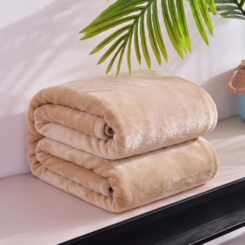 Image of HOMEKART Premium Flannel Fleece Blanket for Double Bed, Super Soft Plush All Season Blanket, Lightweight Warm Cozy Bed Blanket for Queen Size Bed, Sofa, Couch, Travel & Camping, 228 x 228 cm,Beige