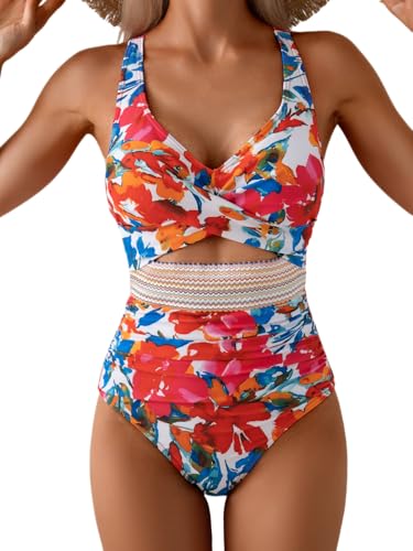 Image of B2prity Women's One Piece Swimsuit Tummy Control High Waisted Bathing Suit | Color Block,Removable Soft Cups,Cutout,V neck,Full Coverage,Adjustable Criss Cross Straps,Tie Back