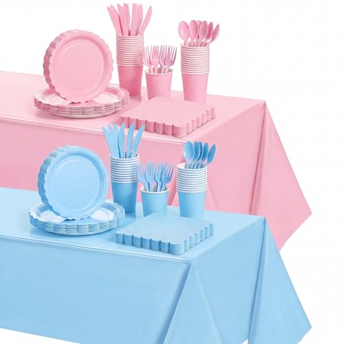 Tegeme 256 Pcs Pink and Blue Gender Reveal Party Supplies Disposable Tablecloth Paper Plates Napkin Cup Plastic Fork Knives Spoon Tableware Serve 36 Guest for Birthday Baby Shower Wedding Decoration