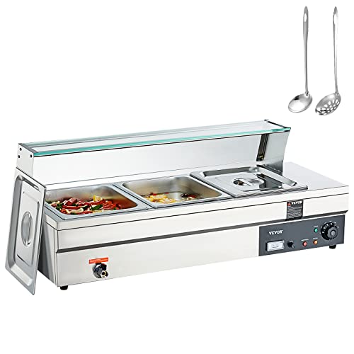 Image of VEVOR 3-Section Electric Food Heating Station, 3 x 12QT, 1500W, Stainless Steel Buffet Server with Glass Lid, Temperature Range 86-185F, Ideal for Catering and Dining Establishments, Silver