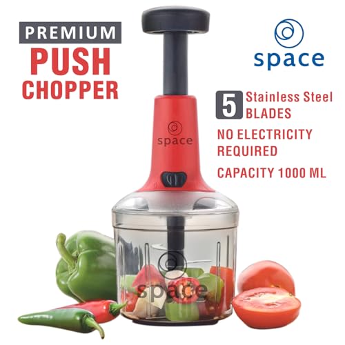 Image of Vegetable Chopper for Kitchen | Hand Chopper for Kitchen use Veg Cutter | Push Chopper 1000ml Capacity | 5 Sharp Stainlee Steel Blades (red)