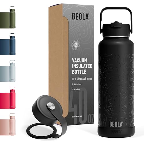 BEOLA 1200ml Vacuum Insulated Water Bottle, Double Wall Stainless Steel Thermos Bottle with wide mouth, 2 lids included, Hot Cold Water Flask, Large Sports Bottle with straw lid, 40oz (Mountain Black)