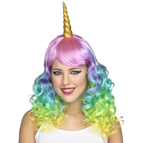 My Other Me - Peluca para mujer adulto de Unicornio colorido con cuerno en espiral peso 210 g. Añade un toque fantástico y alegre a tus celebraciones más divertidas
