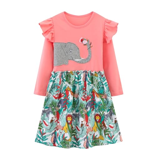 Image of Girl Long Sleeve Dress Ruffle Rainbow Color Block Cotton Casual Tiered Pleated Twirly Dress