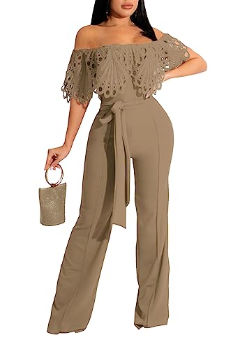 Image of Off Shoulder Jumpsuit for Women High Waist Wide Leg Long Pants Jumpsuits