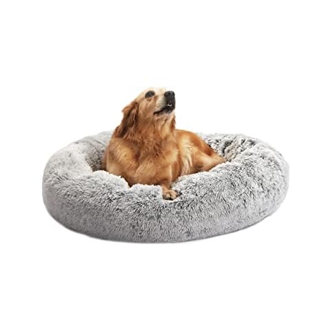 Bedfolks Calming Donut Dog Bed, 36 Inches Round Fluffy Dog Beds for Large Dogs, Anti-Anxiety Plush Dog Bed, Machine Washable Pet Bed (Light Grey, Large) Cover