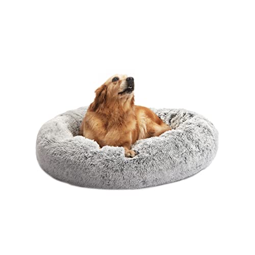 Bedfolks Calming Donut Dog Bed, 36 Inches Round Fluffy Dog Beds for Large Dogs, Anti-Anxiety Plush Dog Bed, Machine Washable Pet Bed (Light Grey, Large)