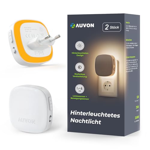 AUVON Nachtlicht Steckdose mit Bewegungssensor und Dämmerungssensor, 2 Stück Warmweißes LED hinterleuchtete Nachtlicht mit 1-50 lm, Helligkeit Einstellbar für Flur, Treppe, Schlafzimmer (Bernstein)