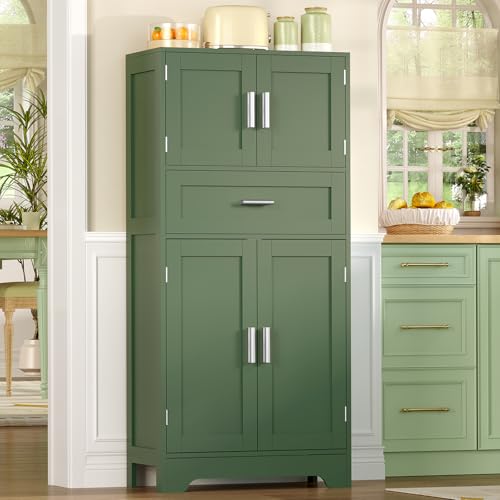 Image of TEENFON Bathroom Floor Storage Cabinet with Adjustable Shelf, Freestanding Storage Cabinet with 4 Doors, Cupboard for Living Room, Home Office, Entryway, Forest Green