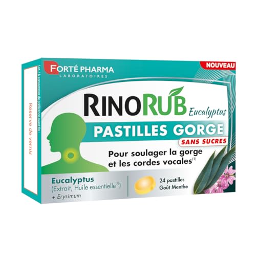 Forté Pharma - RinoRub Pastille pour la gorge - Complément alimentaire Gorge sans sucre - Maux de gorge, Cordes vocales - Huile essentielle Eucalyptus, Extrait d'Eucalyptus, Erysimum - 20 pastilles