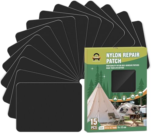 OAZ Nylon Selbstklebende Patches, 15 St&uuml;ck 9x12cm Selbstklebender Wasserdichte Reparatur Patch, Nylon Flicken Selbstklebend Schwarz, f&uuml;r Zelte,...
