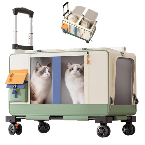 Large Cat Carrier with Wheels for 2 Cat Double Rolling Pets Carrier on Wheel Foldable Soft-Sided Carriers with Telescopic Handle for Small Dogs Travel Bag for Outdoor Hiking Camping