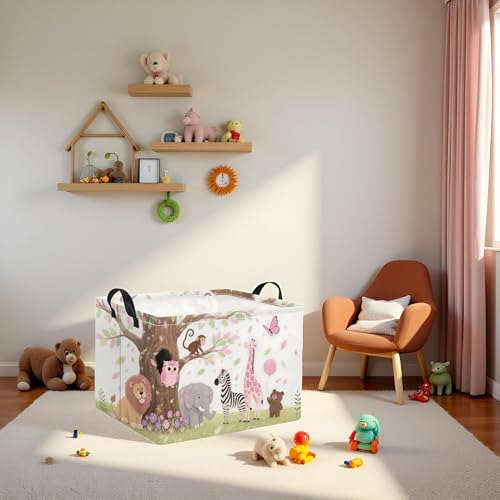 Image of Rectangular Baby Kids Storage Basket for Home Kitchen Girls Cute Storage Bin Organizer Shelf Book Room Decor(Pink Animal)