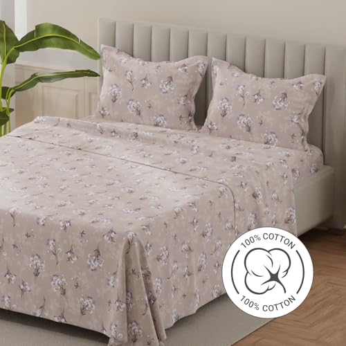 Image of Layers 100% Cotton Bedsheet for King Size Bed | Lumina Floret Collection | 144 TC Soft & Breathable | Printed with 2 Pillow Covers | Wrinkle Free & Colorfast | 3 Piece Bedding Set - Purple