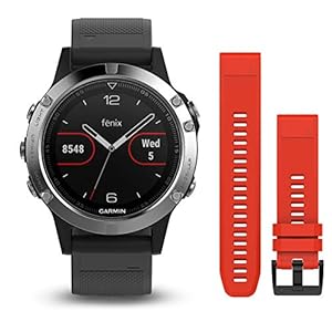 Garmin Fenix 5 – Multisport watch with HR and GPS, 47 mm, Silver pack 2 straps (Black and red)