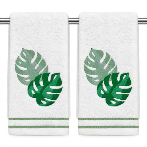 Coastal Guest Fingertip Hand Bathroom Towels, Green Monstera Leaf, 12x18"