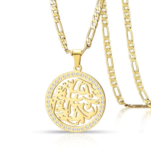 VASSAGO Collier islamique musulman en acier inoxydable Coran Ayatul Kursi Collier Allah Calligraphie arabe Pendentif Ramadan Aïd Bijoux Cadeaux (or)