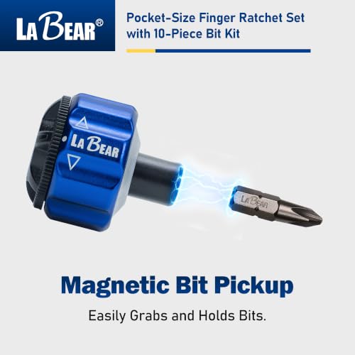 Image of LABEAR Mini Magnetic Finger Ratchet Wrench Set, 1 /4 Inch Drive S2 Bits | Lightweight aluminum body, 26-tooth forward lock reverse, 10-piece bit set included, quick bit pickup, pocket carry