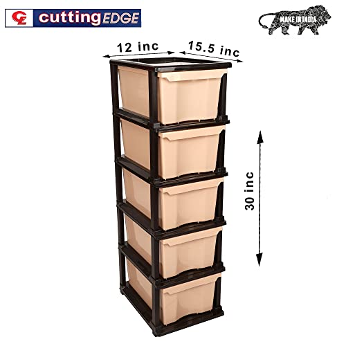 Image of SIMPARTE 5 Layer Plastic Drawer Storage Organizer Big in Brown & Beige - Durable Modular Cabinet for Home, Office, Kitchen, Kids Room & School - Multipurpose Storage Rack for Toys & More