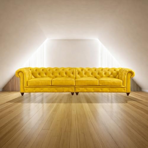 Image of UMAR ARTS Luxury Chesterfield Leatherate Sofa Set, Tufted Genuine Leatherate, Classic Living Room Furniture (Yellow 4 Seater)