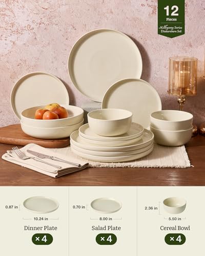 Image of Famiware Milkyway Stoneware Dinnerware Set, 12-Piece, Plates and Bowls for Everyday & Formal Dining, Service for 4, Microwave and Dishwasher Safe, Scratch-Resistan, Almond Milk