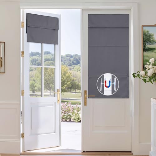 RYB HOME Magnetic Blackout French Door Curtain, Thermal Insulated & Privacy Assured Door Window Curtain for Bedroom/Closet/Hallway, Roll up Shade with Adhesive Strip, W26 x L40, Grey, 1 Panel