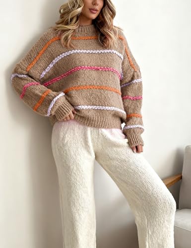 Image of QIBABU Womens Striped Sweaters Casual Lantern Sleeve Color Block Knit Pullover Sweater Tops