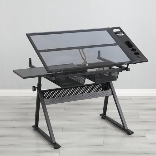 SPOFLYINN Drafting Desk with Side Shelf 0 to 75Â° Adjustable Tilting Drawing Desk Tempered Glass Art Table Writing Desk with Chair Stat