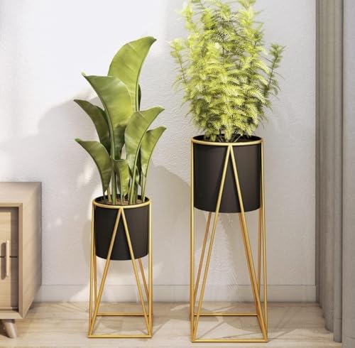 Image of Brass Industry Iron Metal Indoor Out Door Bedroom Home Office Planter Pot Tall Stand with Planter for Living Room, Balcony Flower Pot Stand Set of 2 (Black)