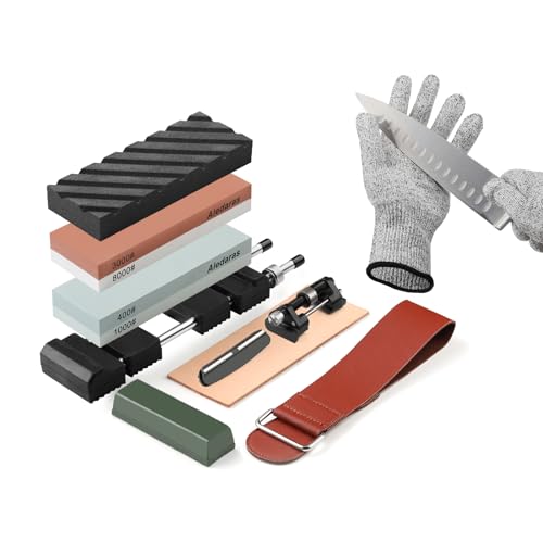 Aledaras Complete Whetstone Knife Sharpener Kit, 4 Side Grit 400/1000 3000/8000 Water Stone with Non-Slip Holder, Flattening Stone, Cut Resistant Gloves, Angle Guide, Honing Guide, Leather Strop