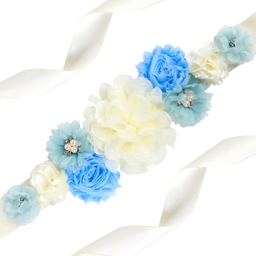 Image of Blue Ivory Boho Baby Shower Maternity Sash - Dusty Blue Flower Theme Baby Shower Belly Belt, Mom to Be Photo Props Party Decorations