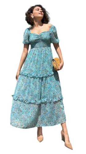 Image of Sheetal Associates Women's Floral Puff Sleeve High Waist A Line Flowy Long Dress