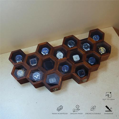Image of Vintage Wooden Watch Box for Men, Timepiece Display Case, Watch Storage Organizer, Jewelry Box for Women, Birthday & Anniversary Gift (16 Compartments)