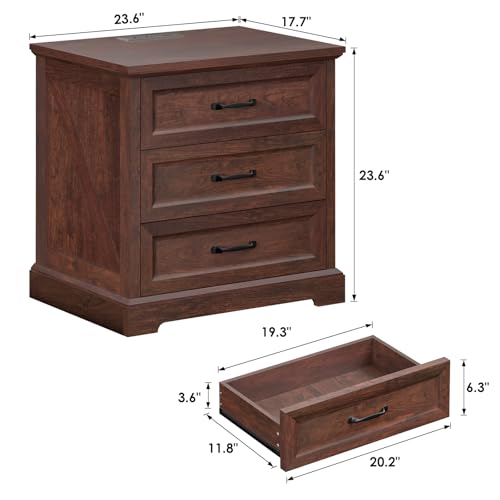 Image of HOMMPA 24'' Farmhouse Nightstand with Charging Station, Bedside Tables with Storage, Side Table with AC Outlets & USB Port, 3 Drawers End Table Dresser, Wood Night Stand for Bedroom, Maroon Brown