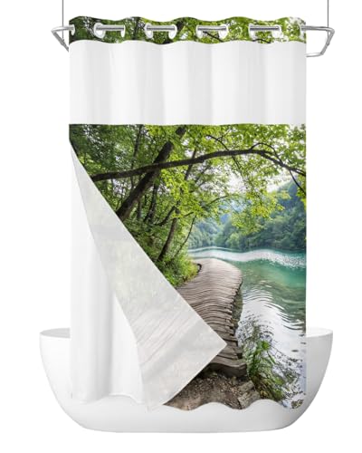 Anzona No Hook Shower Curtain, Nature Scenery Small Shower Curtains with Snap in Liner, Forest Walkway Lake Trees Spring View Waterproof Washable Fabric Bathroom Curtain Set, 36" x 72"