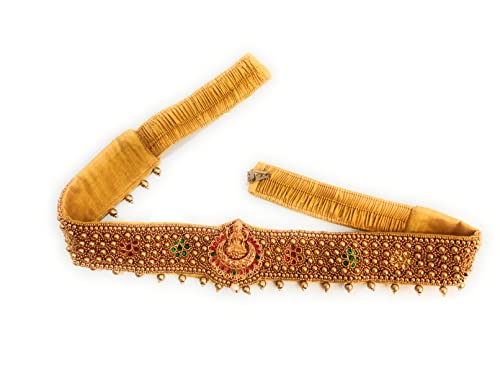 Traditional Laxmi Design Cloth Saree Waist Belt Stretchable Embroidery Kamarpatta Golden colour Kamarband for Women Temple Jewellery, XL, Cloth3