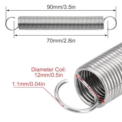 GUNGY Zugfedern mit Haken Edelstahl Zugfeder Spannfeder 90mm Außendurchmesser 12mm Drahtdurchmesser 1,1 mm Maximale Zugkraft 2,00kg 1,1x12x90mm 4 Stück