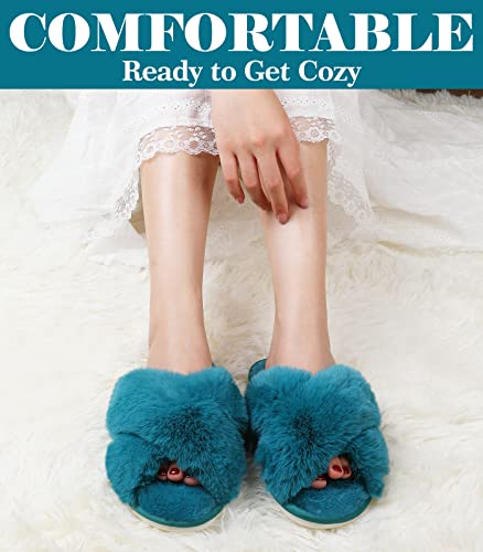 Image of Ankis Memory Foam Fuzzy Slippers for Women,Open Toe House Shoes | Faux Fur Cross Band,Indoor Outdoor Slippers, Anti-Slip, Comfy, Cozy, Fluffy, Gifts for Women, Mom Bride Bridesmaids