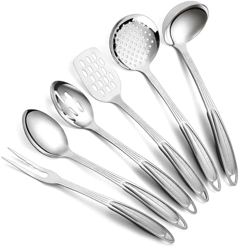 Berglander Stainless Steel Kitchen Utensils Set 6 Pcs, Cooking Utensil Sets, Kitchen Gadgets Essentials Include Metal Spatula Set, Skimmer, Ladle, Serving Spoon, Slotted Spoon, Carving Fork