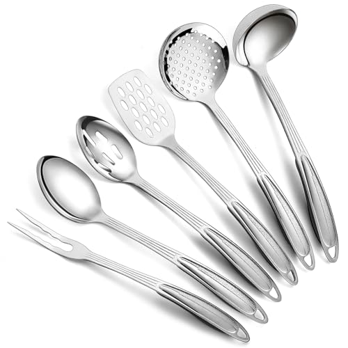 Berglander ustensiles de cuisine en acier inoxydable 6 pièces, gadgets de cuisine essentiels un spatules en métal, écumoire, louche, cuillère de service, cuillère à fentes, fourchette à découper