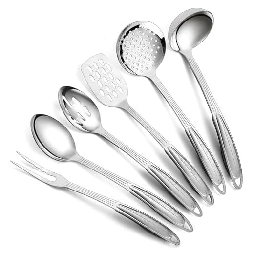 Berglander Juego de utensilios de cocina de acero inoxidable 6 piezas, Juego de utensilios de cocina para cocinar, espumadera, cucharón, cuchara para servir, cuchara ranurada, tenedor para trinchar