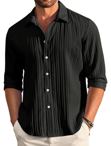 Image of FINIVO FASHION Men's Casual Cotton Polyester Blend Plain Button Down Shirt Long Sleeve Textured Summer Beach Shirt for Men