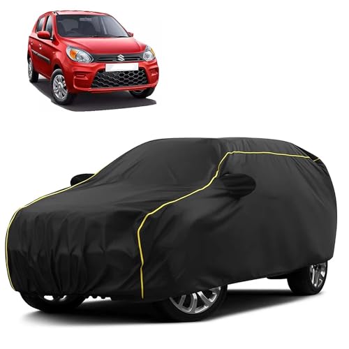 Image of Sulfar 100% Water Resistant Car Body Cover Compatible with Mirror for Maruti Suzuki Alto 800 (Triple Stitched, Full Bottom Elastic, Black Taffeta with Yellow Piping)