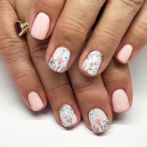 24Pcs Light Pink Press on Nails Spring Summer Fake Nails Cute Flo...