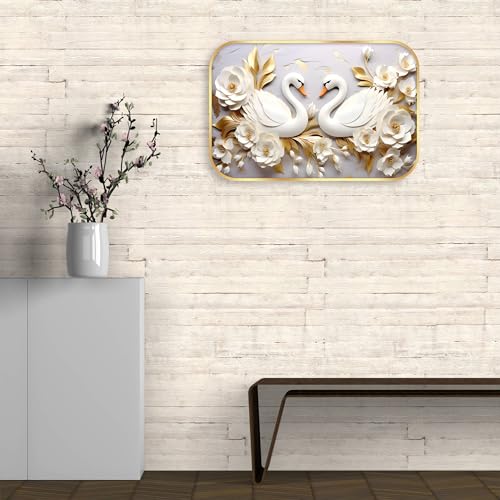 Image of Indianara White Swan Wall Art with Gold Roses, Digital Print, Gold Frame, 45 x 30 cm, Landscape